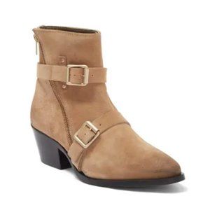 NWT All Saints | Brown Tan Lior Suede Zip Side Buckle Pointed Toe Booties, 7